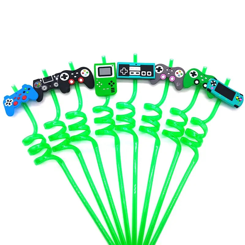 8pcs 26cm Reusable Game Controller Plastic Helical   Straws Gamepad Toys Straw Game Console Theme Kids Birthday Party Decor