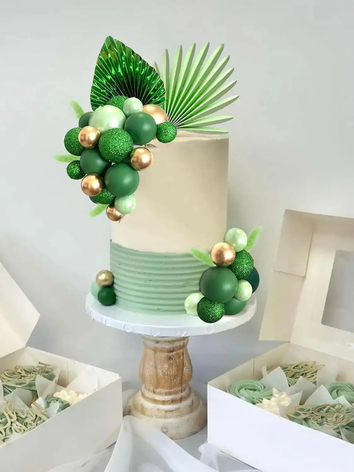 Palm Leaves Cake Decorations Balls Cake Toppers for Birthday Wedding Anniversary Baby Shower Party Supplies