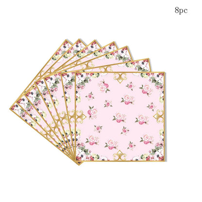 8Guests Elegant Tea Party Disposable Tableware Pink Green Floral Pattern Plates Napkins Women Happy Afternoon Tea Party