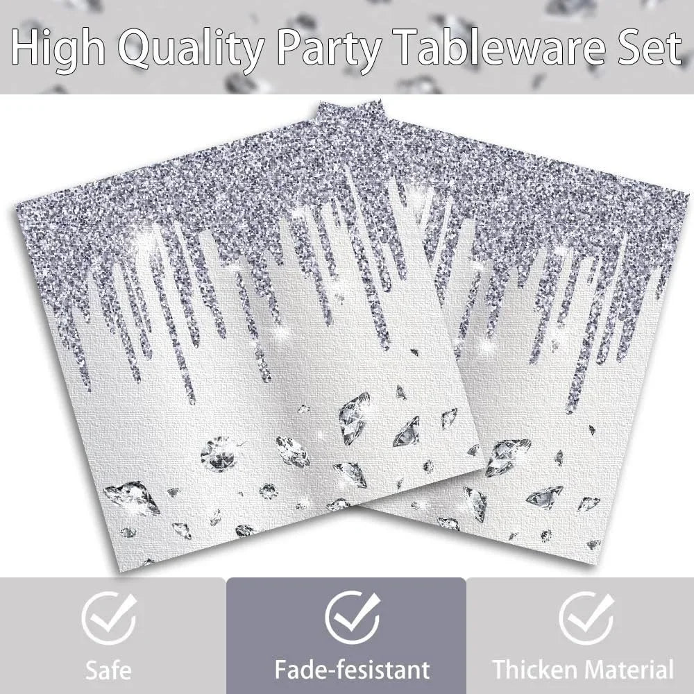 10Guests Silver Shiny Diamond Disposable Tableware Wedding Paper Plate Cups Napkin Happy Princess Birthday Party Decor