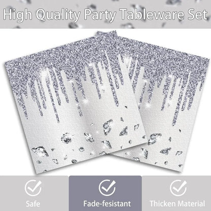 10Guests Silver Shiny Diamond Disposable Tableware Wedding Paper Plate Cups Napkin Happy Princess Birthday Party Decor
