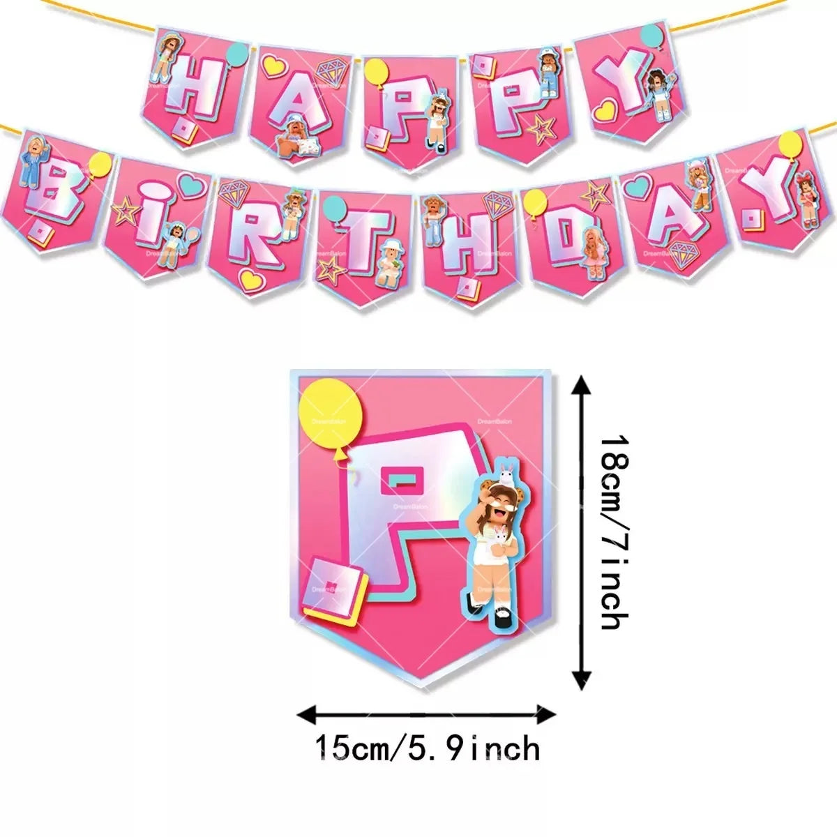 Pink Roblox Balloons Happy Birthday Banner Party Decoration Hot Robot Game Cake Topper Disposable Tableware Kids Girl Background