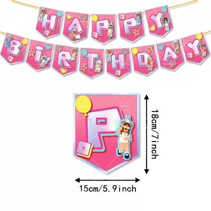 Pink Roblox Balloons Happy Birthday Banner Party Decoration Hot Robot Game Cake Topper Disposable Tableware Kids Girl Background