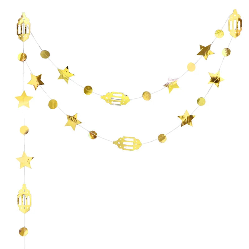 Gold Star Moon Circle Dot Crescent Lamp Eid Paper Garland Gold Mubarak Ramadan Streamer Backdrop Muslim Party Banner Decorations