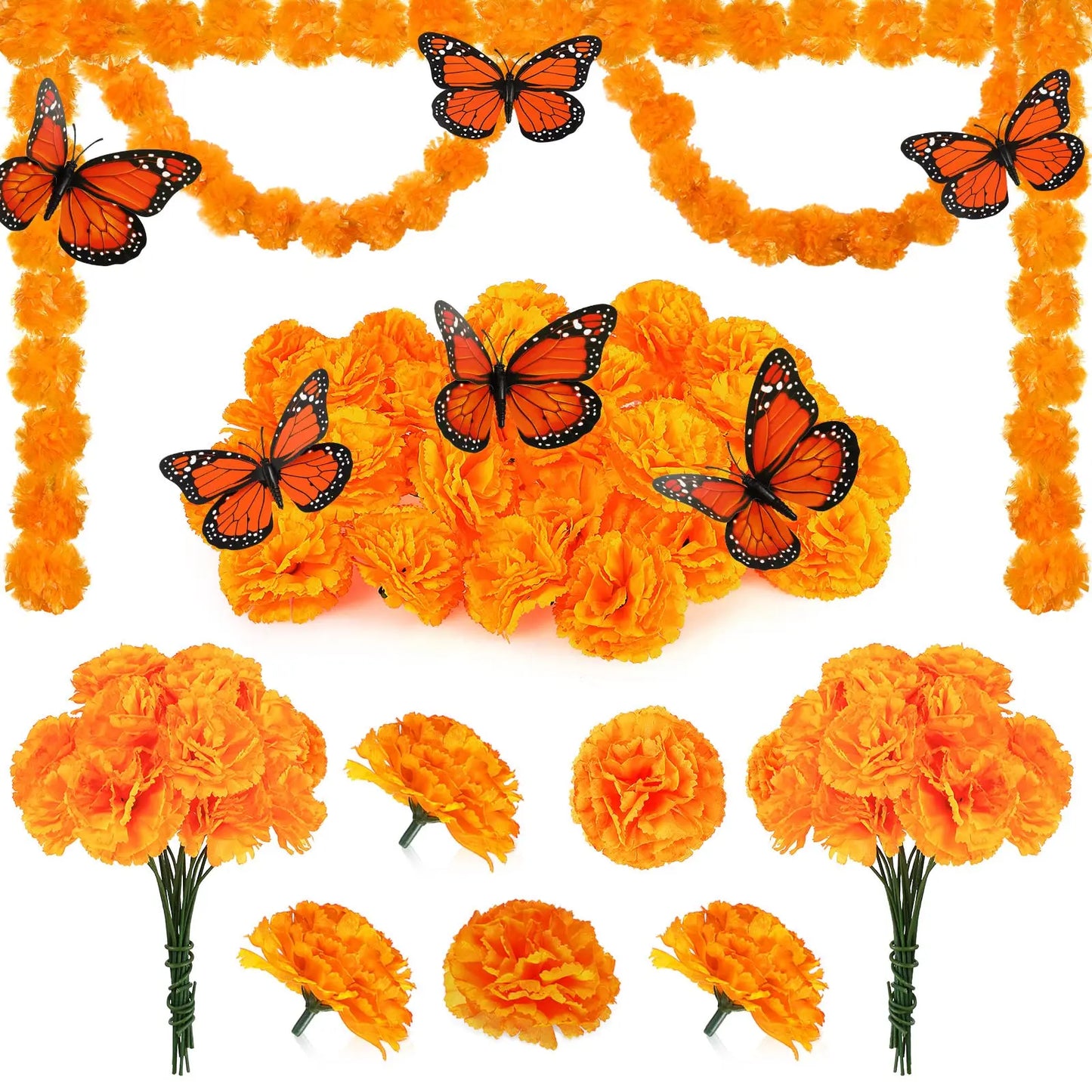 14~380pcs Day of the Dead Marigold Flower Garland Decorations Dia De Los Muertos ofrenda Altar with Monarch Butterfly Mexican