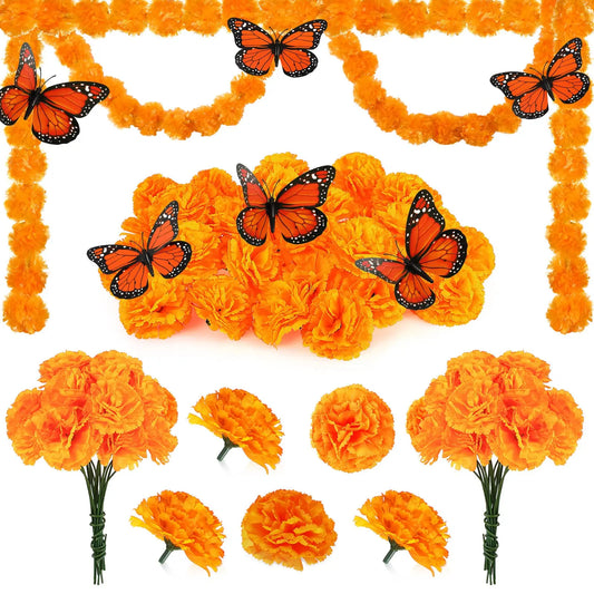 14~380pcs Day of the Dead Marigold Flower Garland Decorations Dia De Los Muertos ofrenda Altar with Monarch Butterfly Mexican