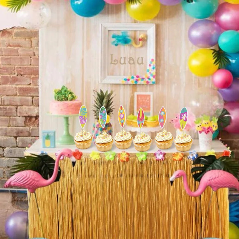 8/16Pcs Hawaiian Surfboard Cupcake Topper for Tropical Summer Luau Birthday Party Cake Decoration Beach Pool Wedding Supplies