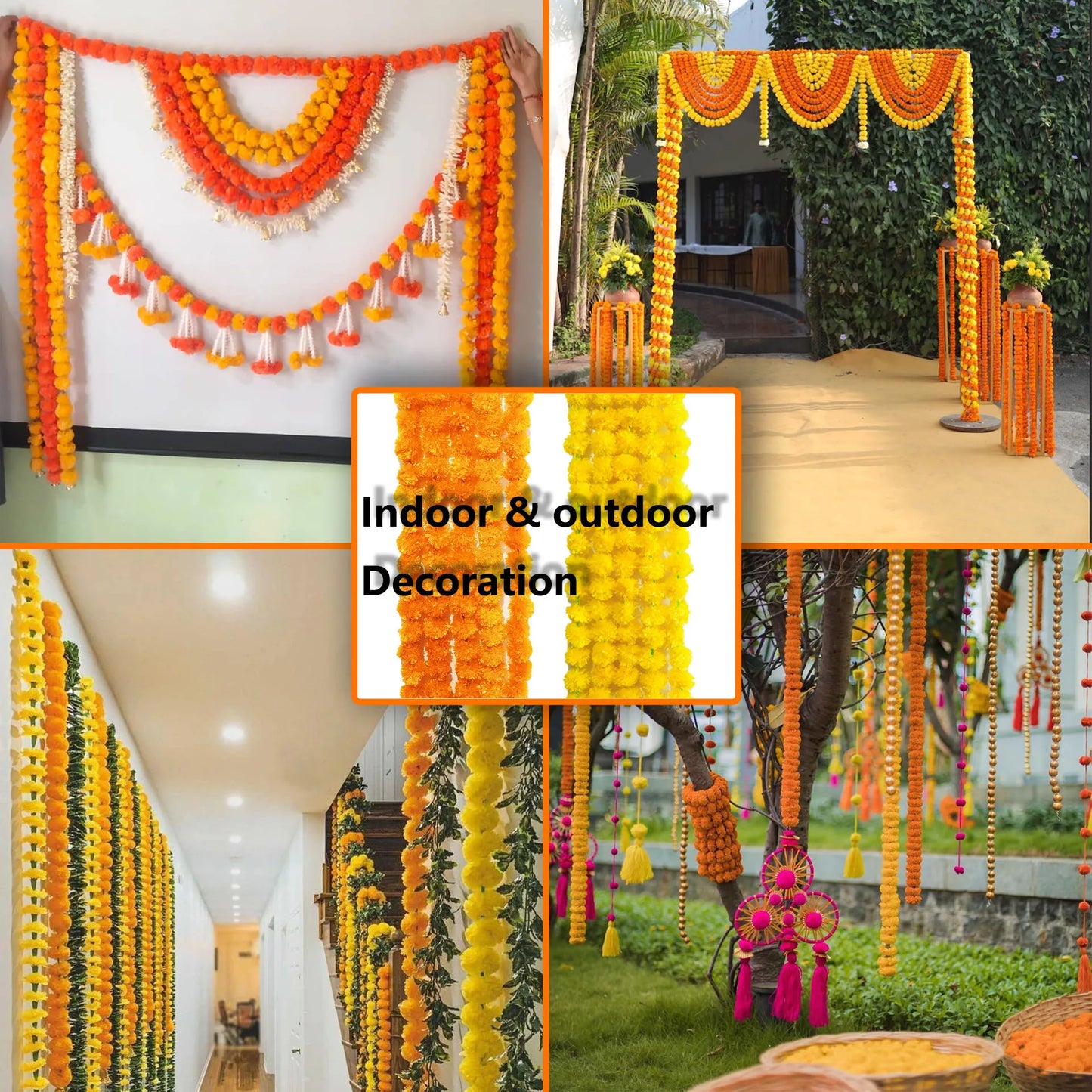 2 Pcs Marigold Flower Garland with бо Flowers for Diwali Mexican Dia de los Muertos DIY Wreath Day of The Dead Decor Party