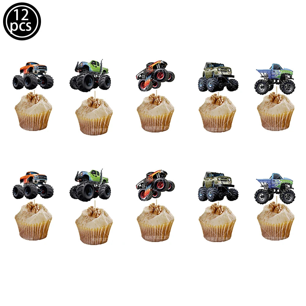 Monster Truck Birthday Party Paper Plates Cup Napkin Tablecloth Balloon Hanging Swirls Banner Monster Truck Birthday Party Decor