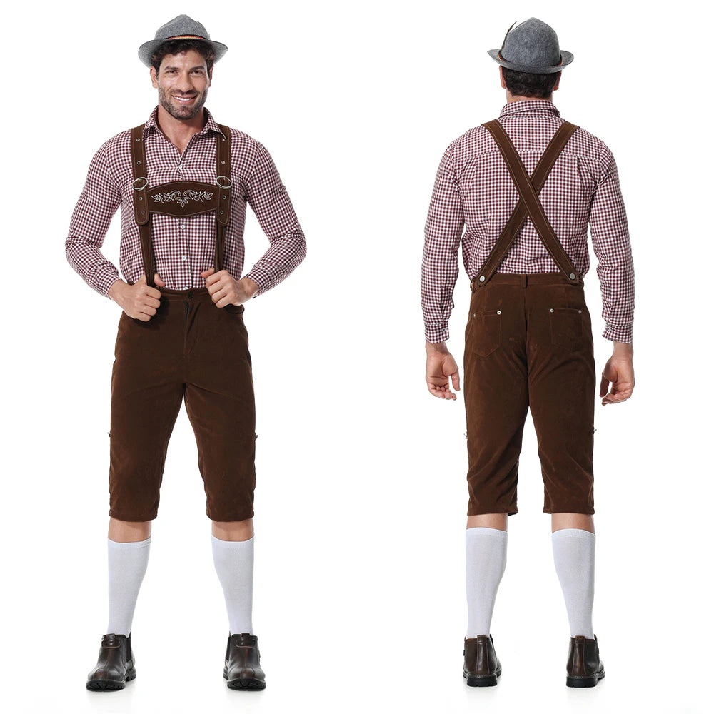 Three-Piece Set Oktoberfest Lederhosen Costume for Men Bavarian German Beer Festivals Suspenders Shirt Hat Male Cosplay Costumes