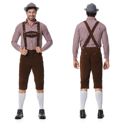 Three-Piece Set Oktoberfest Lederhosen Costume for Men Bavarian German Beer Festivals Suspenders Shirt Hat Male Cosplay Costumes