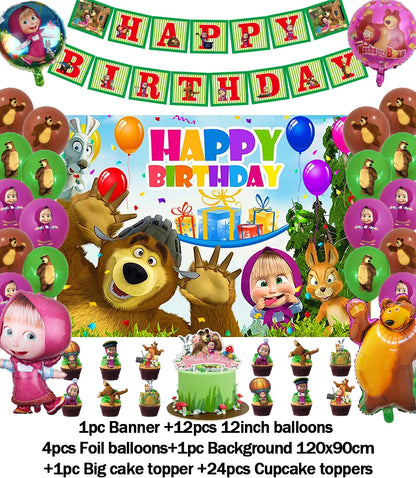 Cartoon Girl-Mashas-And Bear Kids Birthday Party Digital Balloon Banner Background Cake Topper Decoration Supplies Baby Gifts