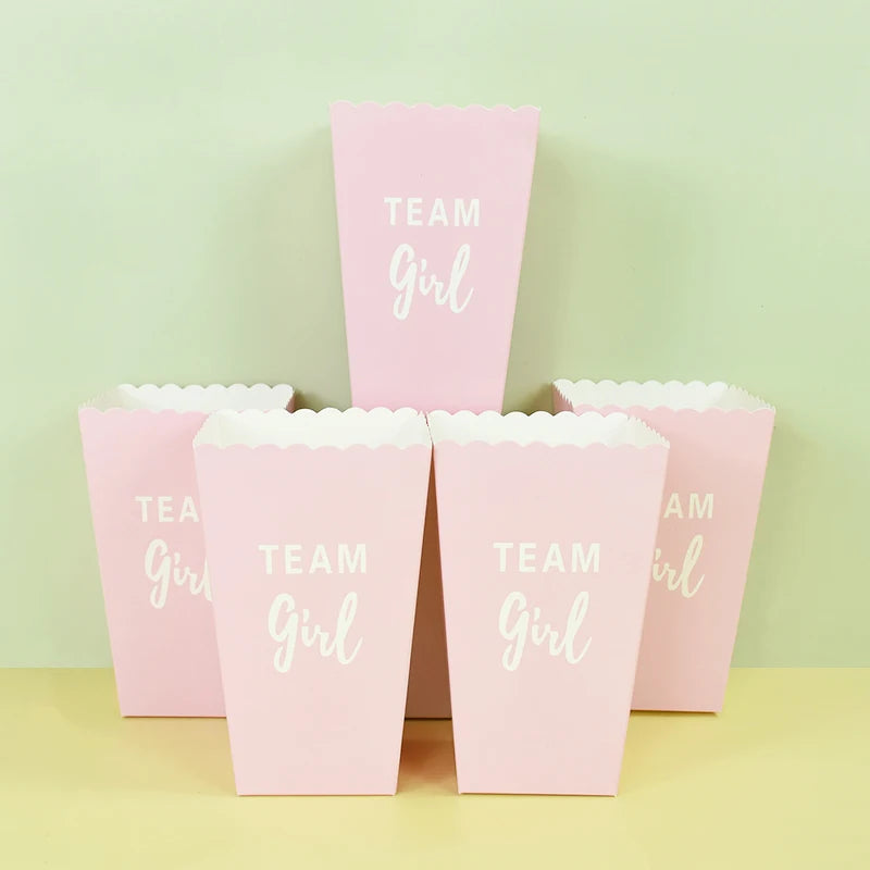 6pcs Gender Reveal Boy or Girl Popcorn Box Team Boy Girl Candy Treat Box Baby Shower Birthday Party Decor Packaging Supplies