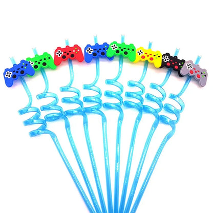 8pcs 26cm Reusable Game Controller Plastic Helical   Straws Gamepad Toys Straw Game Console Theme Kids Birthday Party Decor