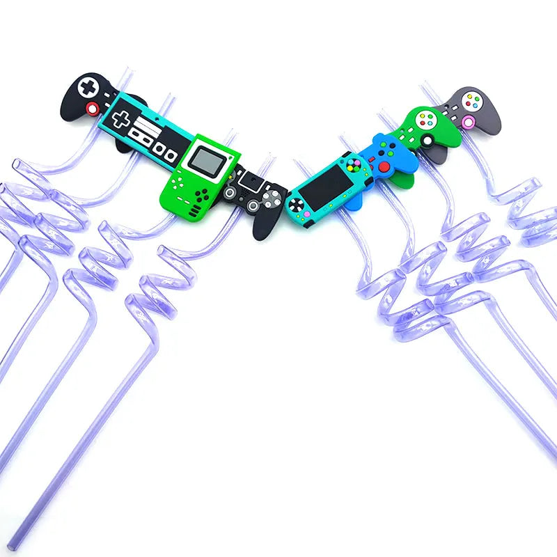 8pcs 26cm Reusable Game Controller Plastic Helical   Straws Gamepad Toys Straw Game Console Theme Kids Birthday Party Decor