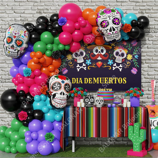 142pcs Fiesta Mexico Day of The Dead Theme Balloon Garland Arch Kit Multicolor Skull Foil Balloon Mexican Photography Backdrop