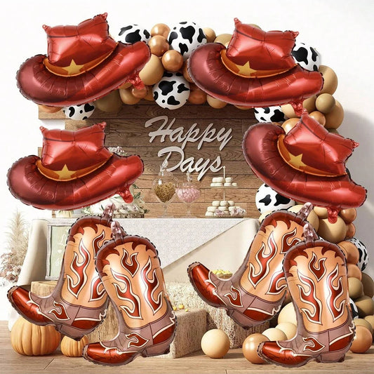 8pcs western themed party balloons, including cowboy boots and cowboy hat balloons, western themed birthday, bachelorette party