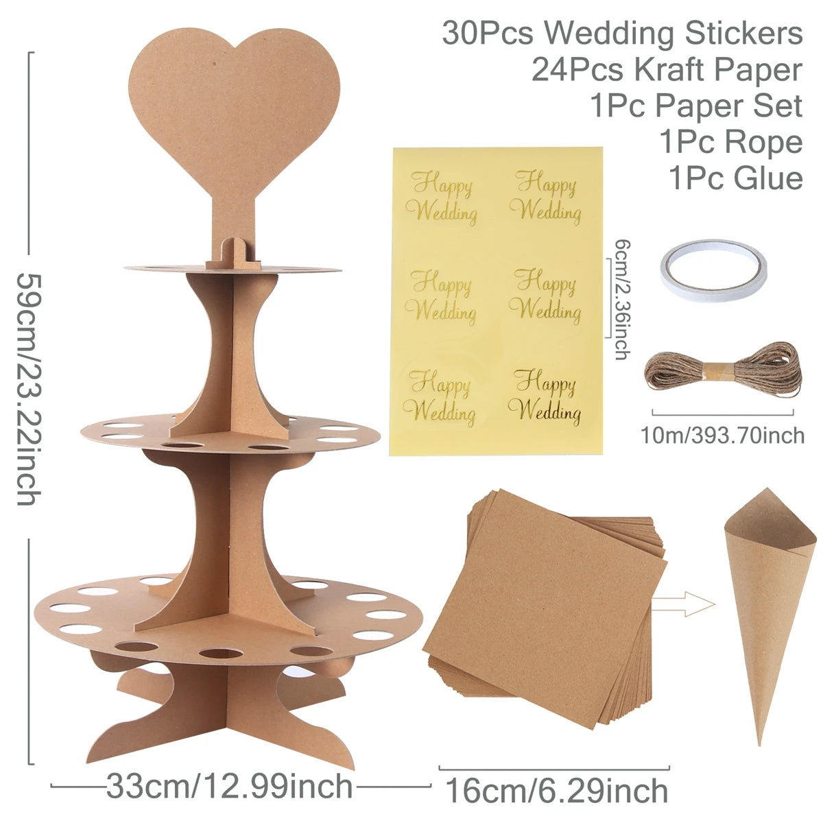 Wood/Kraft Paper Confetti Cone Tray Rustic Decoration Confetti Cones Stand DIY Holder Support Supplies