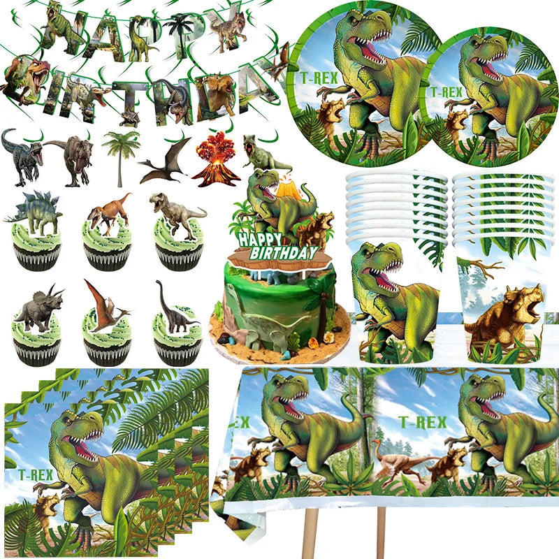 Jurassic Dinosaur Birthday Decoration Tableware Balloon Paper Cup Backdrop Tablecloth Banner Plate Birthday Party Decor Supplies