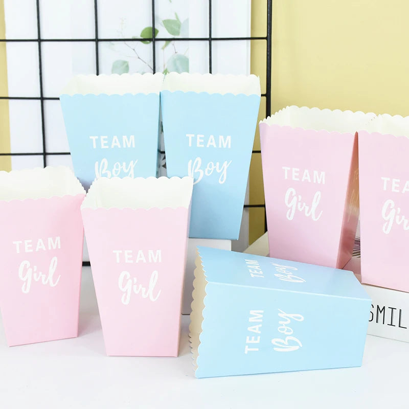 6pcs Gender Reveal Boy or Girl Popcorn Box Team Boy Girl Candy Treat Box Baby Shower Birthday Party Decor Packaging Supplies