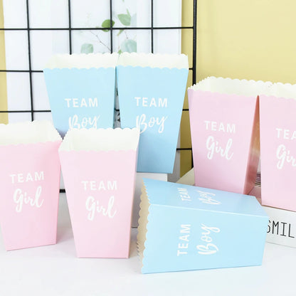 6pcs Gender Reveal Boy or Girl Popcorn Box Team Boy Girl Candy Treat Box Baby Shower Birthday Party Decor Packaging Supplies