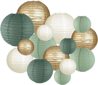 15Pcs Sage Green Set Round Paper Lantern For Baby Girl Shower Decoration Baptism Party Decor Hanging Pompom Crafts Ornament