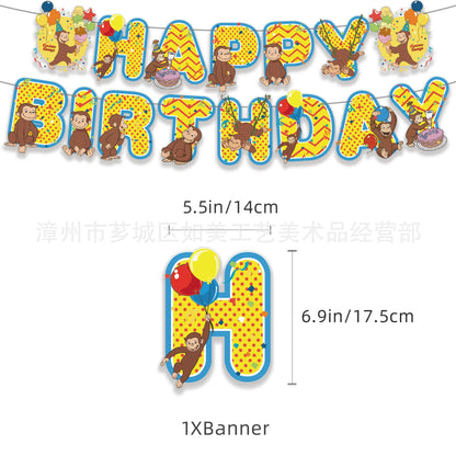 Curious Monkey Party Supplies Theme Children's Birthday Party Decoratio Set Cake Birthday Banner Balloons Cupcake Toppers Kids