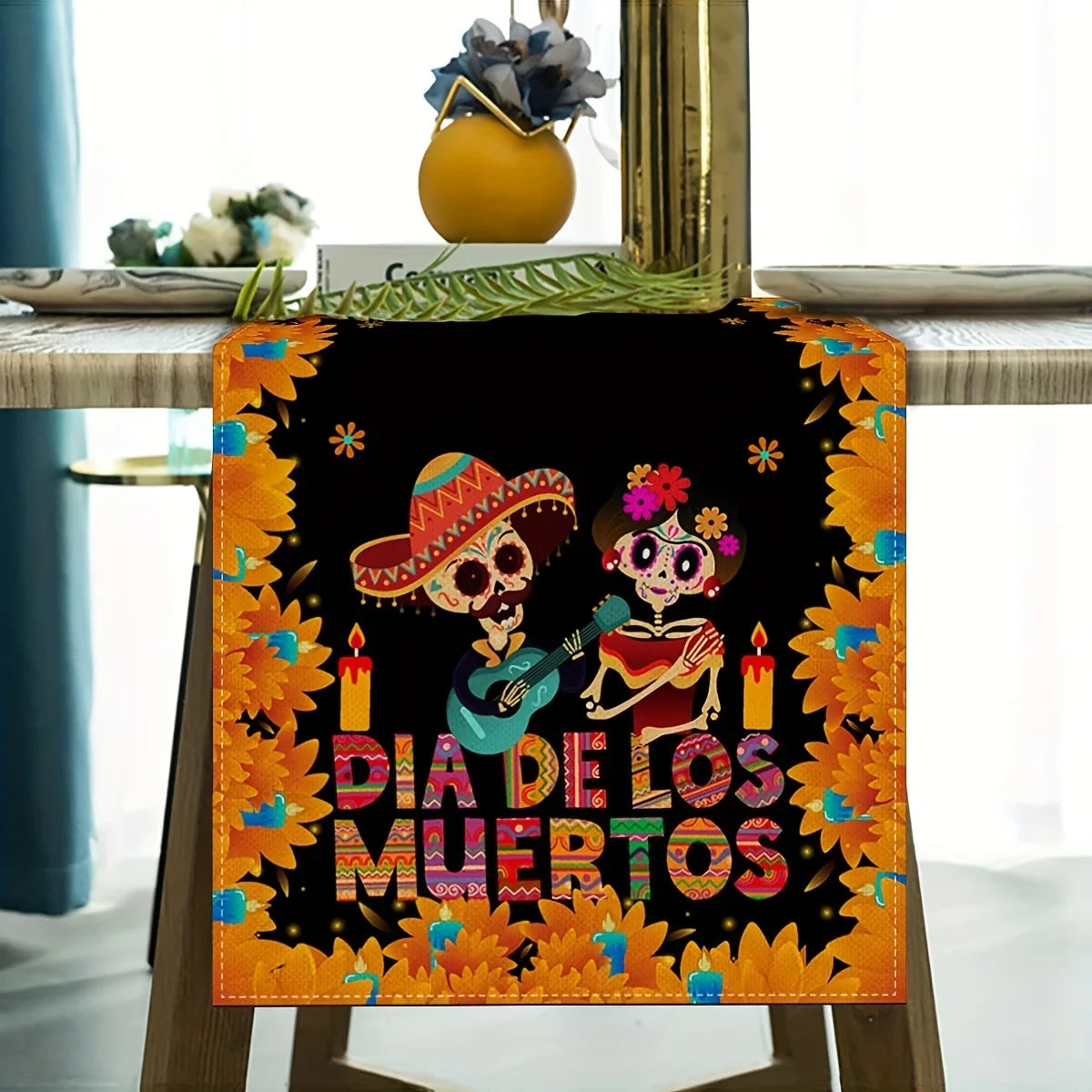 Mexican Day of The Dead Linen Table Runners Mexico Dia De Los Muertos Sugar Skull Table Runner for Home Party Dining Table Decor