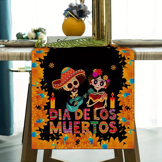 Mexican Day of The Dead Linen Table Runners Mexico Dia De Los Muertos Sugar Skull Table Runner for Home Party Dining Table Decor