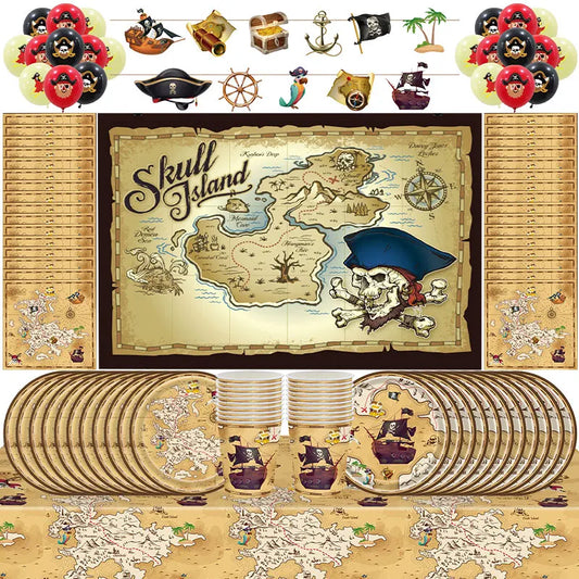 Pirate Birthday Party Decoration Balloon Tableware Tablecloth Backdrop Hanging Banner Cake Toppers For Kids Party Event Supplies