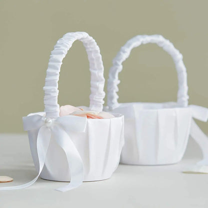 20 cm White Flower Girls Basket Silk Wedding Basket for Flower Bride/Kids Hand Held Wedding Ceremony Party Decorations