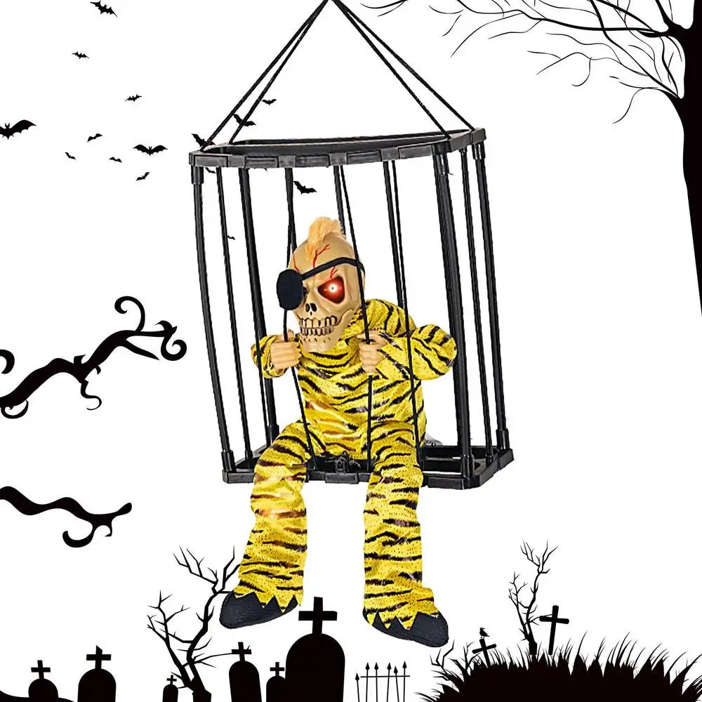 Halloween Decoration Prisoner Ghost In Cage Scary Skull Prop Electric Skeleton Toy Glowing Eye Sound Doll Hangable Talking Ghost