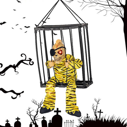 Halloween Decoration Prisoner Ghost In Cage Scary Skull Prop Electric Skeleton Toy Glowing Eye Sound Doll Hangable Talking Ghost
