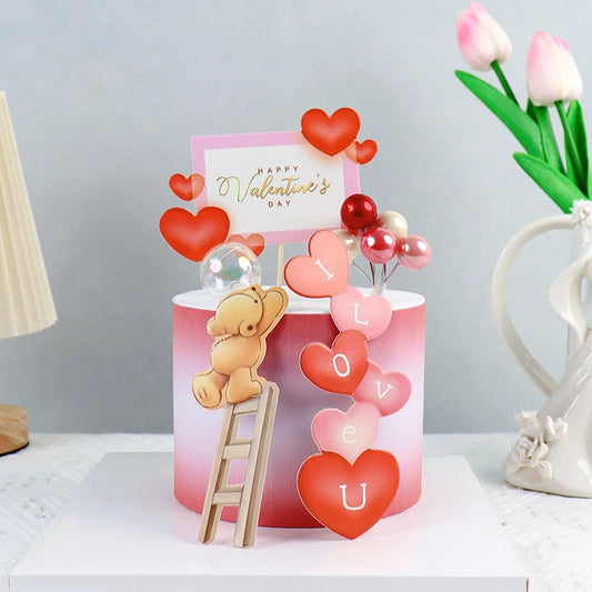 Heart Bear Cake Topper Toppers Flag I Love You Happy Valentine's Day Anniversary Baking Cake Dessert DIY Decor Party Supplies