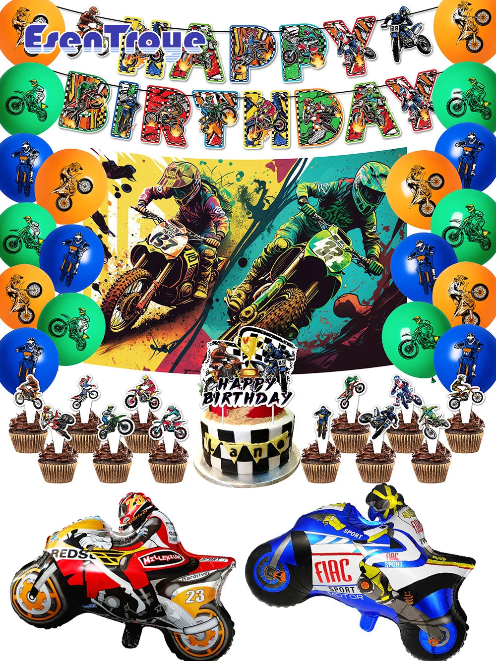 Motocross Dirt Bike Birthday Party Banner Cake Topper Foil Motorcycle Balloon for Boy Kids Motor Theme Party Decoration Supplies