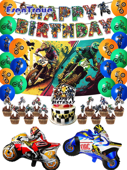 Motocross Dirt Bike Birthday Party Banner Cake Topper Foil Motorcycle Balloon for Boy Kids Motor Theme Party Decoration Supplies
