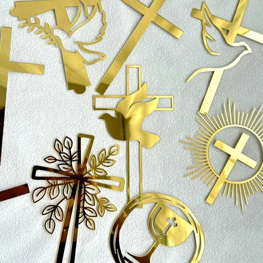 Gold Peace Dove Cross Cake Toppers Holy Communion Baptist Party Decorative Cake Insert for The First Communion Party Supplies