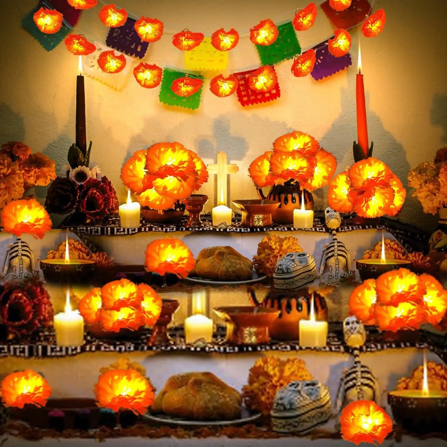 Marigold Garland for Decoration Lighted Day of The Dead Dia De Los Muertos Indian Diwali Altar Halloween Home Party Decor