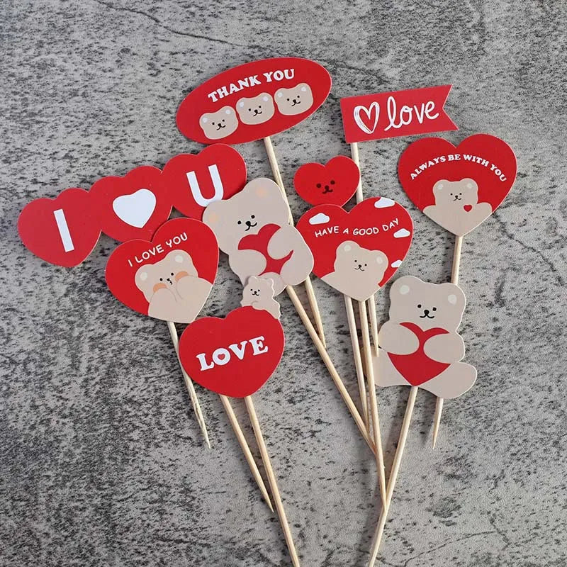 Heart Bear Cake Topper Toppers Flag I Love You Happy Valentine's Day Anniversary Baking Cake Dessert DIY Decor Party Supplies