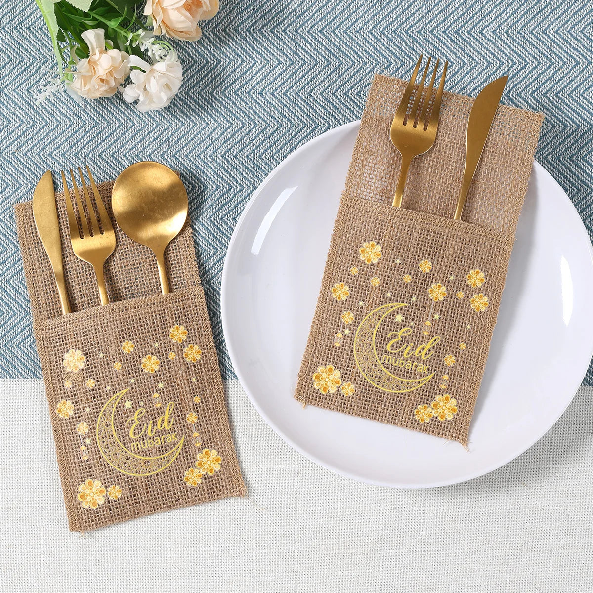 Eid Mubarak Burlap Cutlery Pouch Ramadan Decor for Home 2025 Table Decor Ramadan Kareem Islamic Muslim Party Eid Al-Fitr Gifts