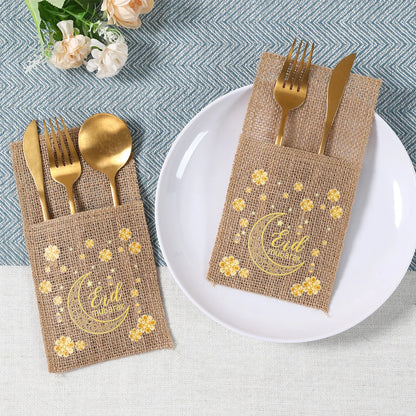 Eid Mubarak Burlap Cutlery Pouch Ramadan Decor for Home 2025 Table Decor Ramadan Kareem Islamic Muslim Party Eid Al-Fitr Gifts