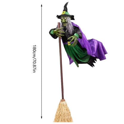 Flying Witch Decorations with Luminous Eyes Halloween Flying Witch on Broom Decor Animatronic Flying Witch for Garden Yard Lawn