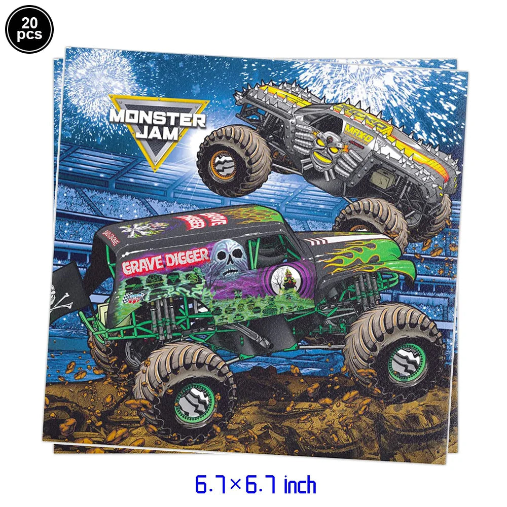 Monster Truck Birthday Party Paper Plates Cup Napkin Tablecloth Balloon Hanging Swirls Banner Monster Truck Birthday Party Decor