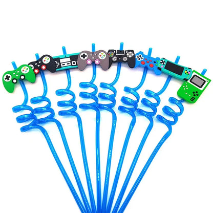 8pcs 26cm Reusable Game Controller Plastic Helical   Straws Gamepad Toys Straw Game Console Theme Kids Birthday Party Decor