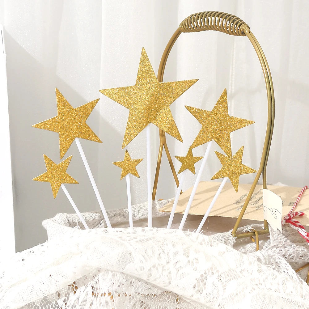 7/21Pcs Cake Topper Gold Love Star Happy Birthday Cake Topper Decoration DIY Cupcake Flag Ornament Wedding Christmas Decor