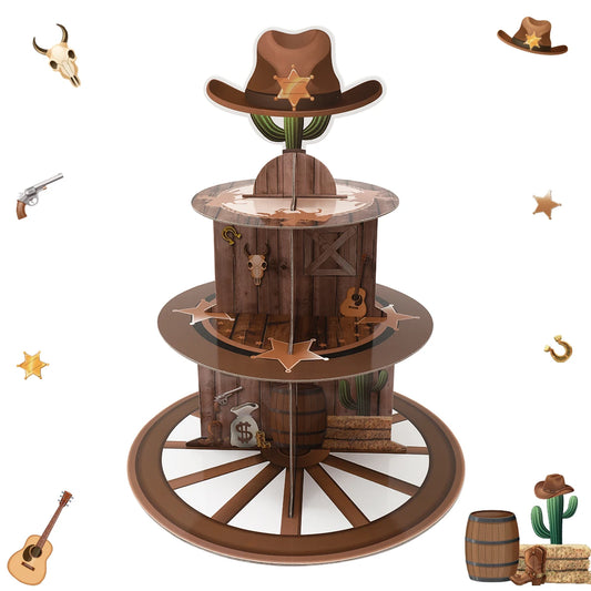 West Cowboy 3-Tier Paper Cake Stand West Cowboy Happy Birthday Party Decor Kids Cake Decoartions Boys Girls Baby Shower Supplies