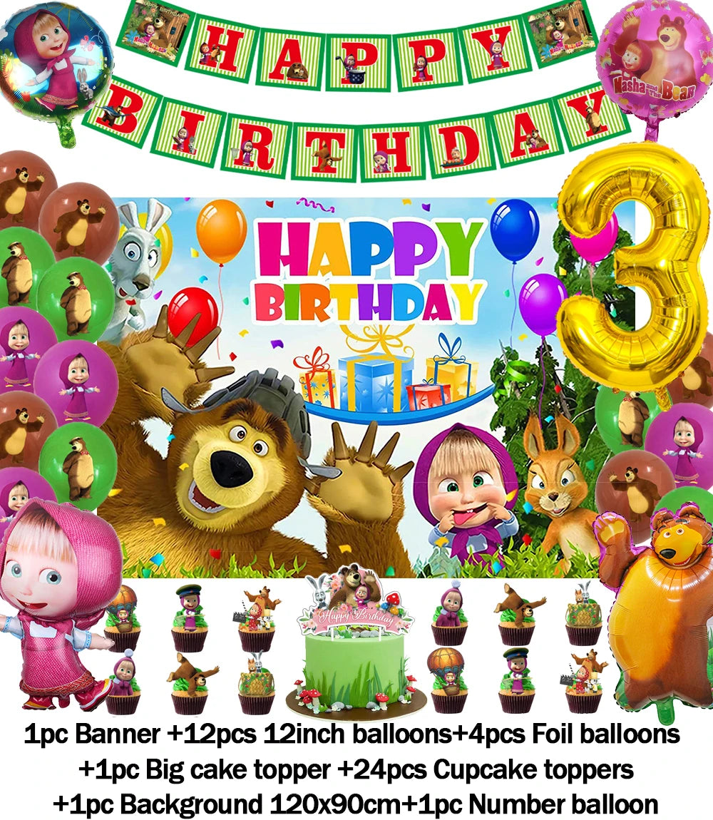 Cartoon Girl-Mashas-And Bear Kids Birthday Party Digital Balloon Banner Background Cake Topper Decoration Supplies Baby Gifts