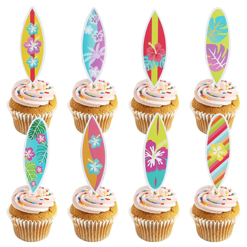 8/16Pcs Hawaiian Surfboard Cupcake Topper for Tropical Summer Luau Birthday Party Cake Decoration Beach Pool Wedding Supplies