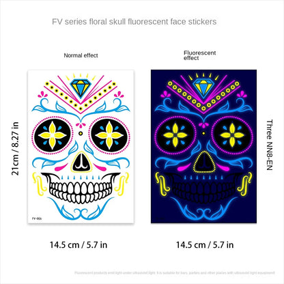 1/4/8PCS Waterproof Fluorescent Temporary Tattoo Neon Halloween Stickers Day of the Dead Party Festival Night Bar Face Stickers