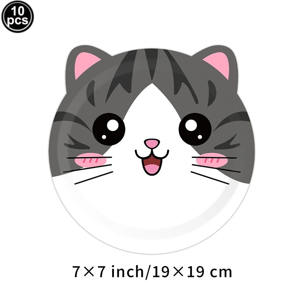 Cat Themed Party Tableware Set Paper Plates Napkins Tablecloth Banner Kitten Girls Birthday Party Decorations Supplies